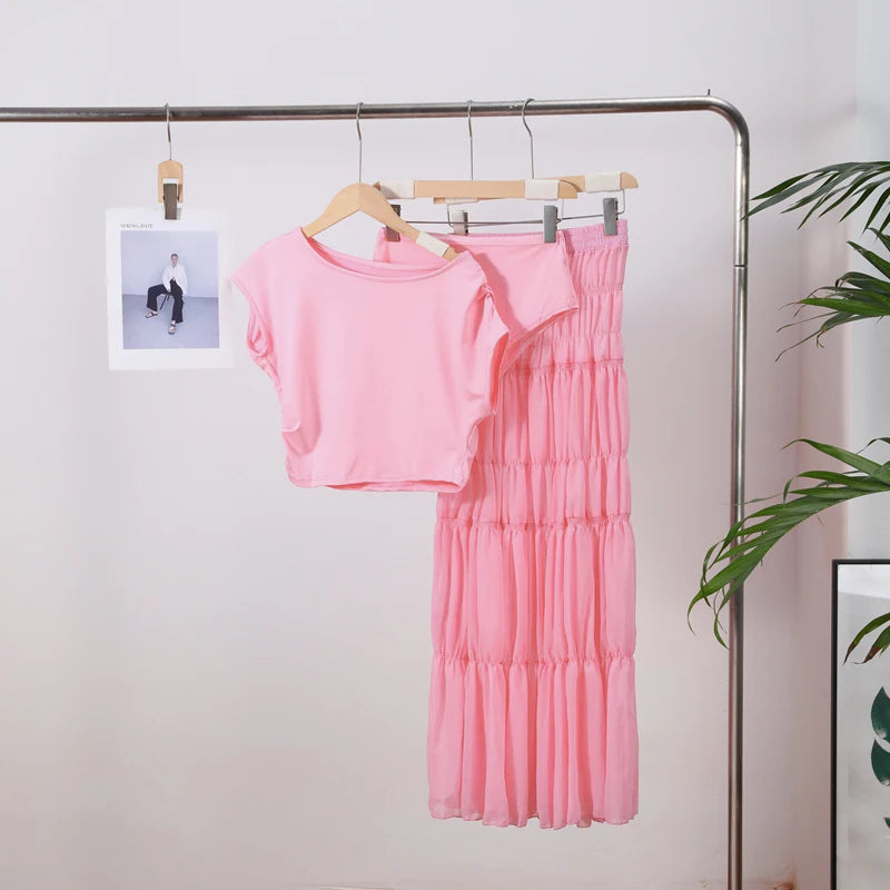 Moda sólida saia plissada define feminino sem mangas colheita topos de cintura alta elástica a linha saias 2025 primavera senhora ternos elegantes