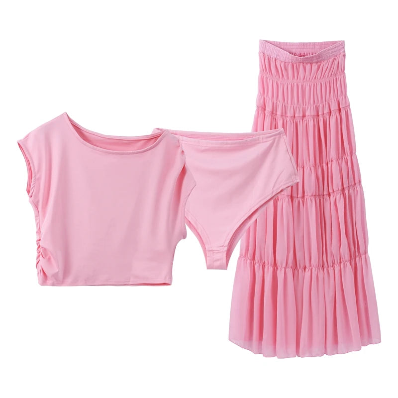 Moda sólida saia plissada define feminino sem mangas colheita topos de cintura alta elástica a linha saias 2025 primavera senhora ternos elegantes