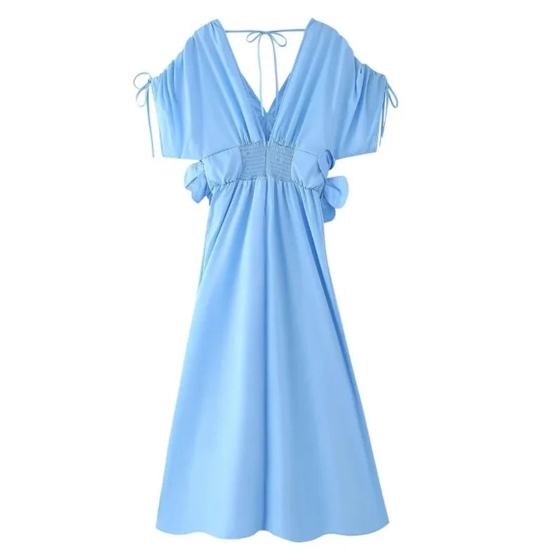 Azul com decote em v cintura cinching cinto 3d flor borboleta nó férias vestido longo feminino moda transfronteiriça manga curta sino sle
