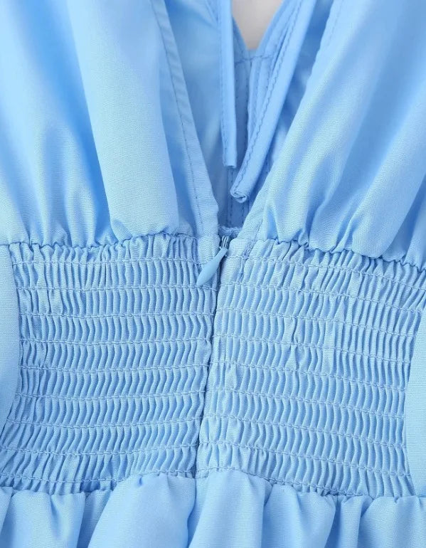 Azul com decote em v cintura cinching cinto 3d flor borboleta nó férias vestido longo feminino moda transfronteiriça manga curta sino sle