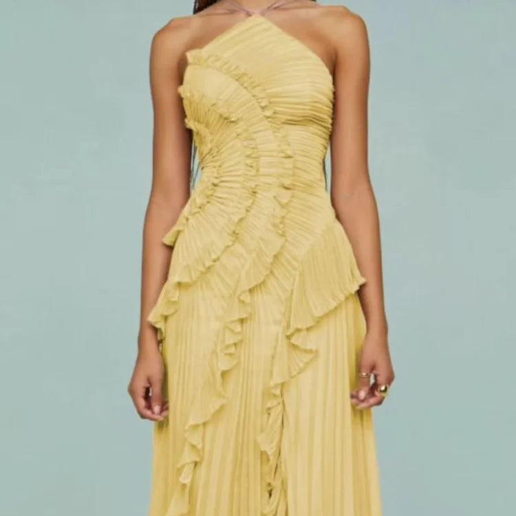 Verão temperamento plissado halter pescoço longo vestido de férias alta qualidade roxo sem alças 2025 novo clube roupas vestidos