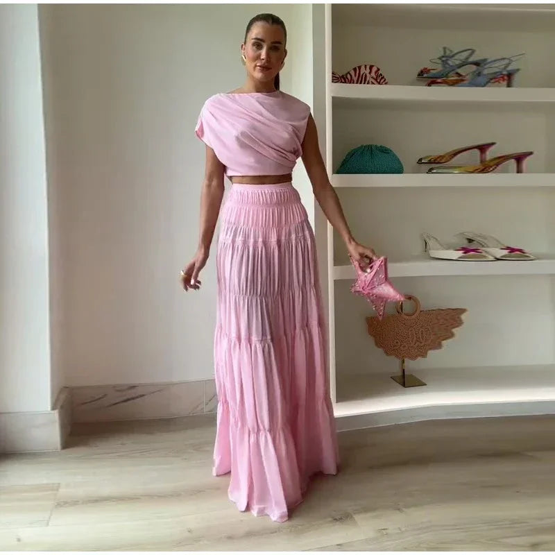 Moda sólida saia plissada define feminino sem mangas colheita topos de cintura alta elástica a linha saias 2025 primavera senhora ternos elegantes