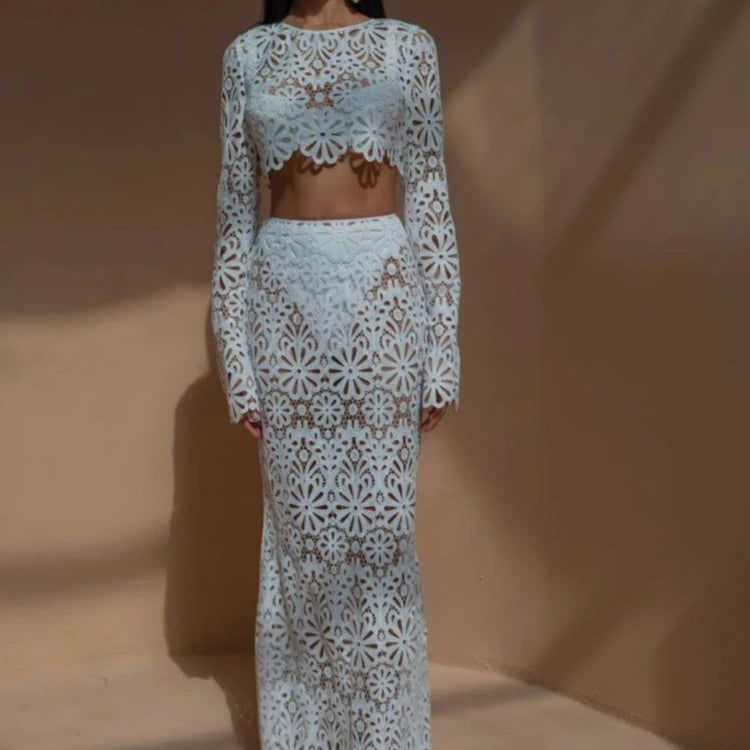 Branco elegante bordado oco para fora vestidos de praia conjunto sexy ver embora colheita topos saias longas conjuntos femininos roupas de verão