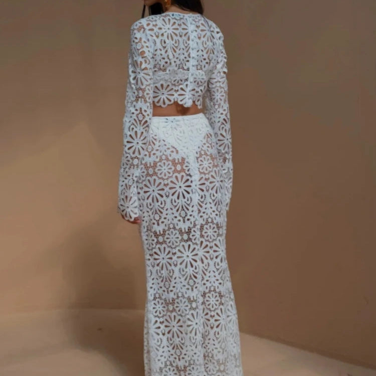 Branco elegante bordado oco para fora vestidos de praia conjunto sexy ver embora colheita topos saias longas conjuntos femininos roupas de verão