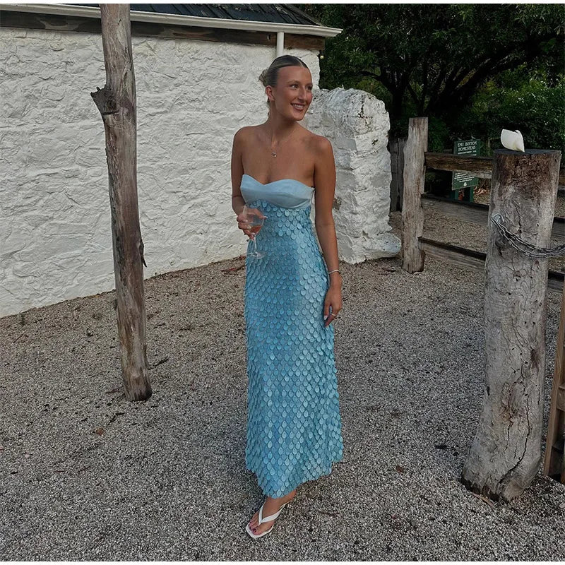 Verão lantejoulas oco para fora vestido longo feminino sexy em torno do pescoço sem mangas fino ajuste feminino vestidos hip pacote senhora beachwear 2025
