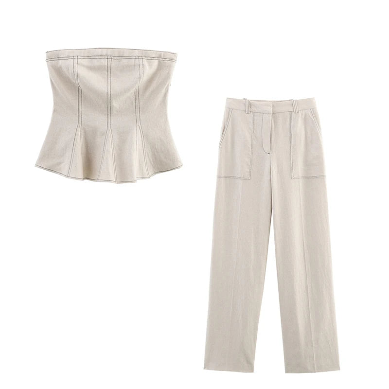 Elegante colete plissado calças de perna larga 2025 verão nova senhora calças compridas ternos moda babados fora do ombro regata calças soltas