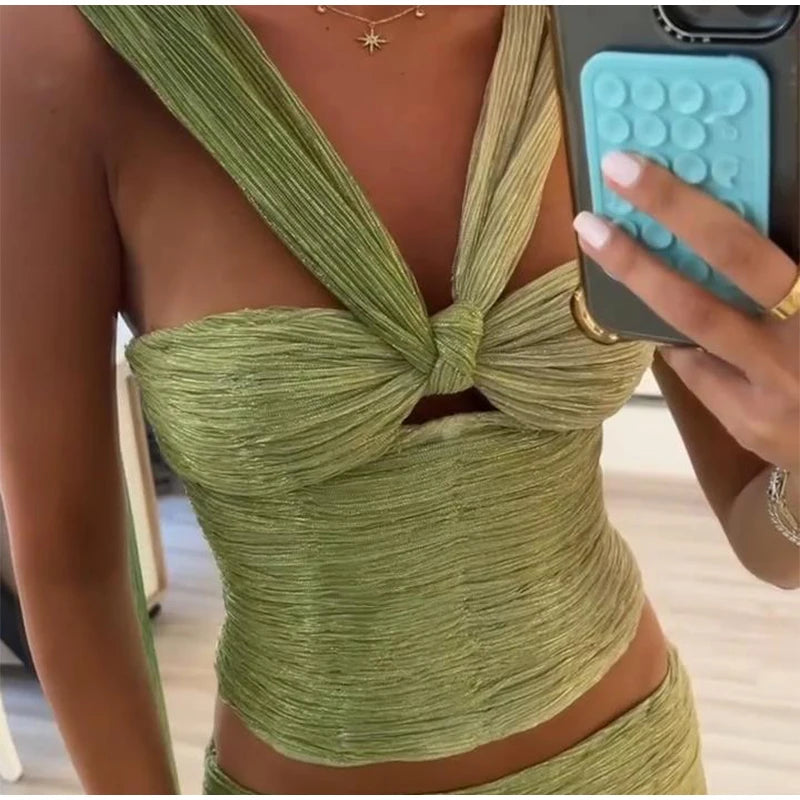 Gradiente saias longas outfits feminino halter sem mangas rendas até sem costas conjuntos de dobra feminino 2025 verão chique festival praia ternos