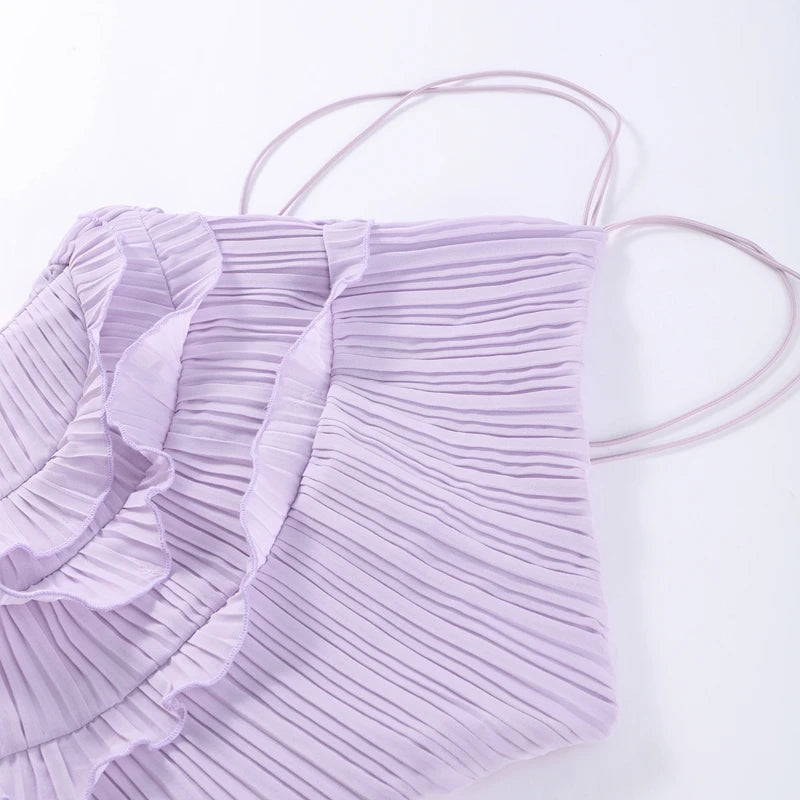 Verão temperamento plissado halter pescoço longo vestido de férias alta qualidade roxo sem alças 2025 novo clube roupas vestidos