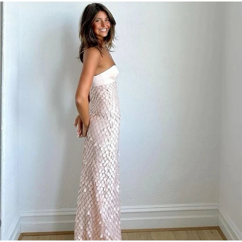 Verão lantejoulas oco para fora vestido longo feminino sexy em torno do pescoço sem mangas fino ajuste feminino vestidos hip pacote senhora beachwear 2025