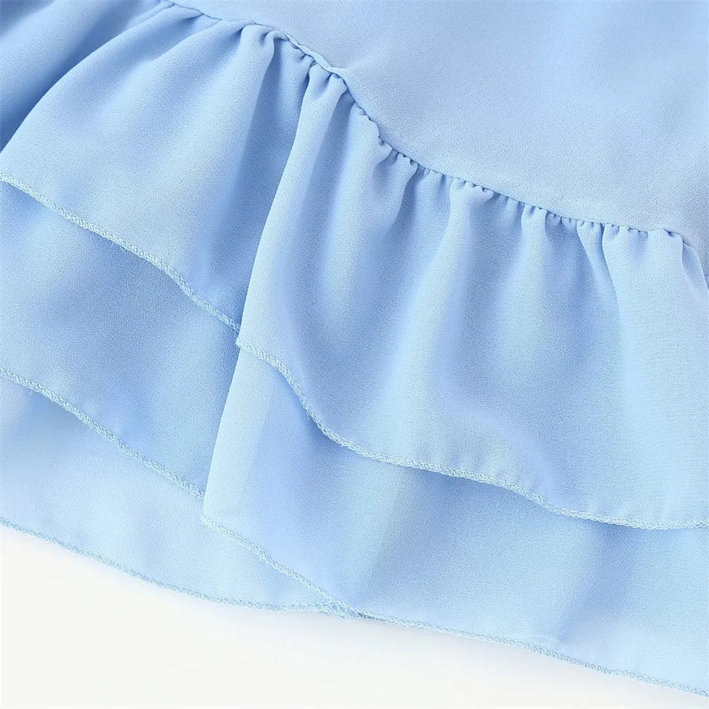 Veithche feminino babados mini vestidos chiffon solto gola alta manga alargamento vestido azul primavera verão 2025 senhora vestidos de férias