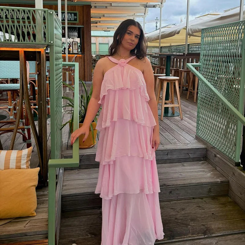 3d flor babados em camadas vestidos femininos elegante chiffon sem costas sem mangas fofo vestido longo 2025 verão nova senhora praia robes
