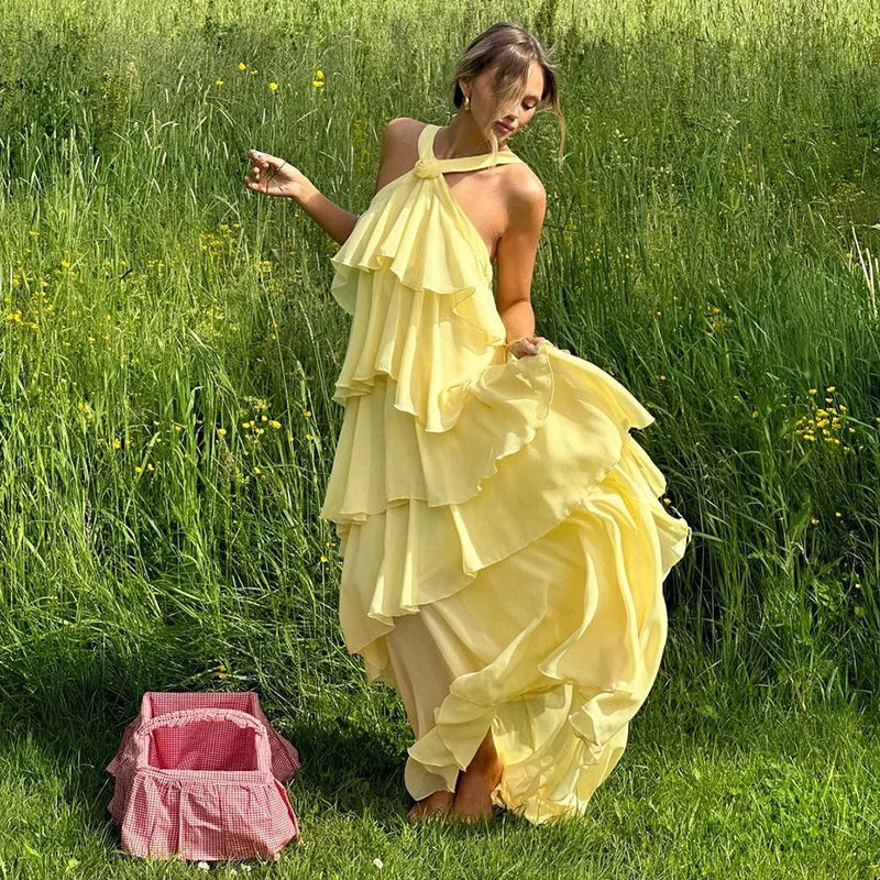 3d flor babados em camadas vestidos femininos elegante chiffon sem costas sem mangas fofo vestido longo 2025 verão nova senhora praia robes