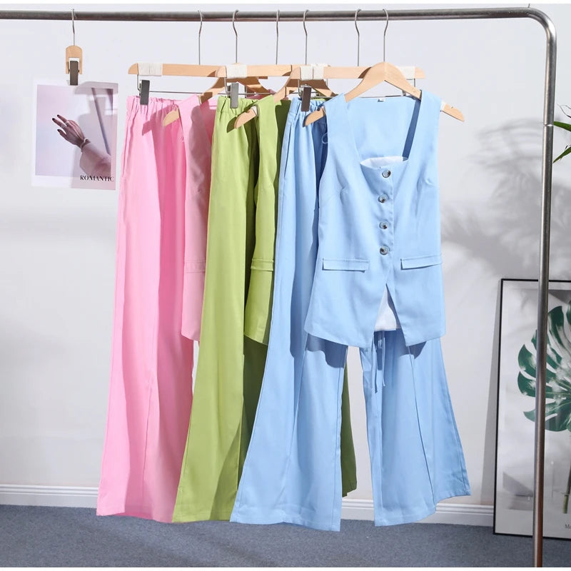Conjunto de duas peças de linho feminino sem mangas pescoço quadrado colete combinando calças largas verde limão casual escritório verão outfit ternos