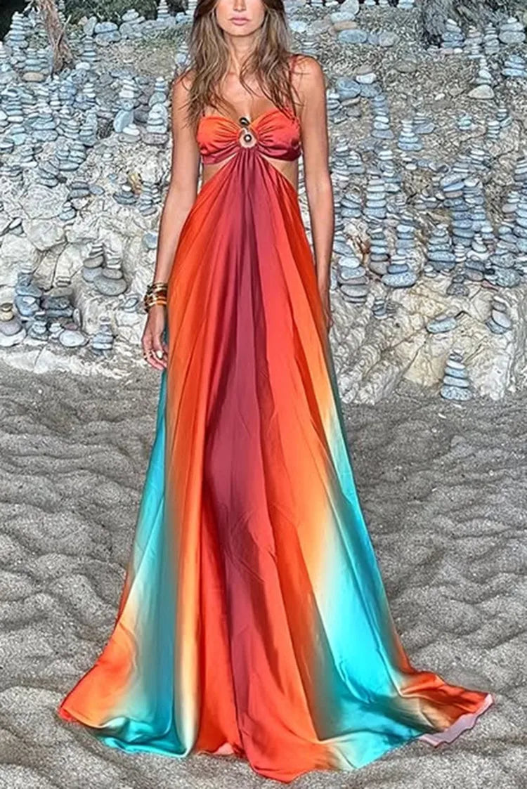 Sexy gradiente oco para fora maxi vestido feminino sem costas sem mangas estilingue vestidos longos 2025 férias de verão boho praia roupões de cetim