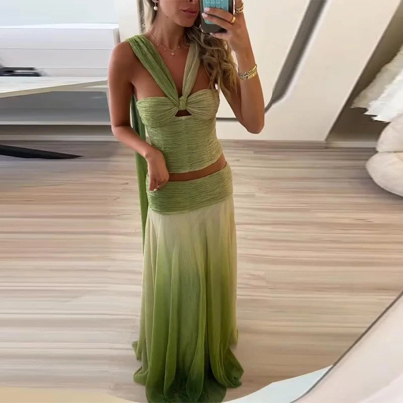 Gradiente saias longas outfits feminino halter sem mangas rendas até sem costas conjuntos de dobra feminino 2025 verão chique festival praia ternos
