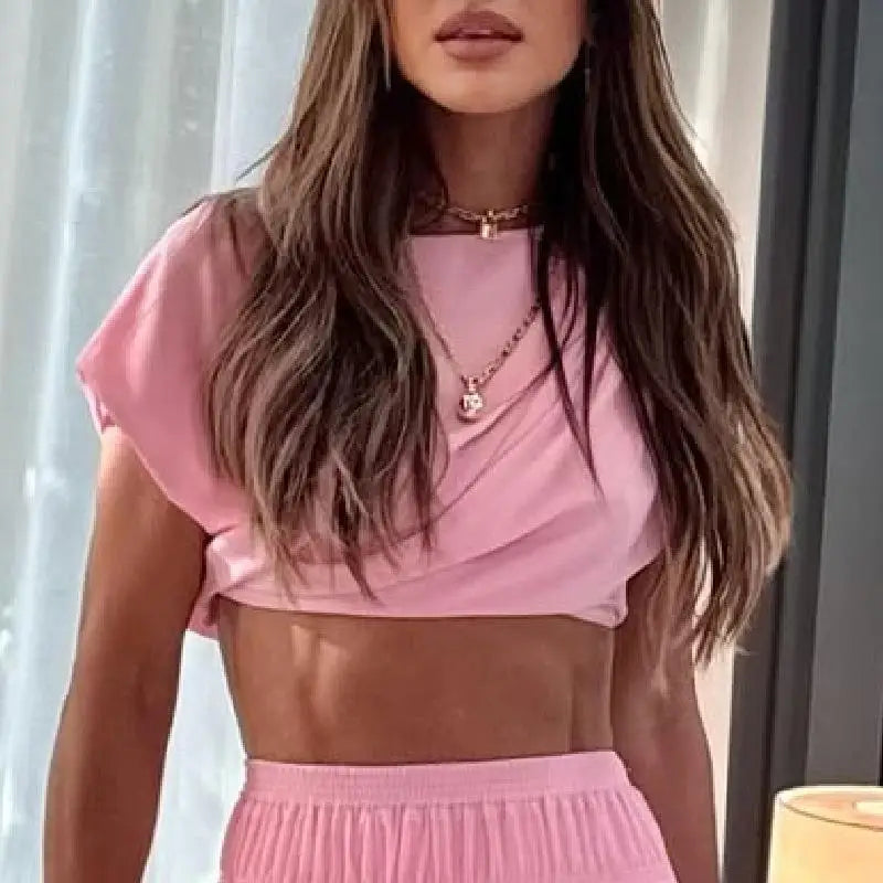 Moda sólida saia plissada define feminino sem mangas colheita topos de cintura alta elástica a linha saias 2025 primavera senhora ternos elegantes