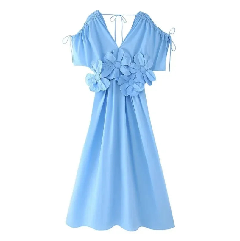 Azul com decote em v cintura cinching cinto 3d flor borboleta nó férias vestido longo feminino moda transfronteiriça manga curta sino sle