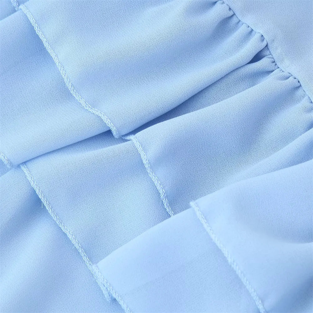 Veithche feminino babados mini vestidos chiffon solto gola alta manga alargamento vestido azul primavera verão 2025 senhora vestidos de férias