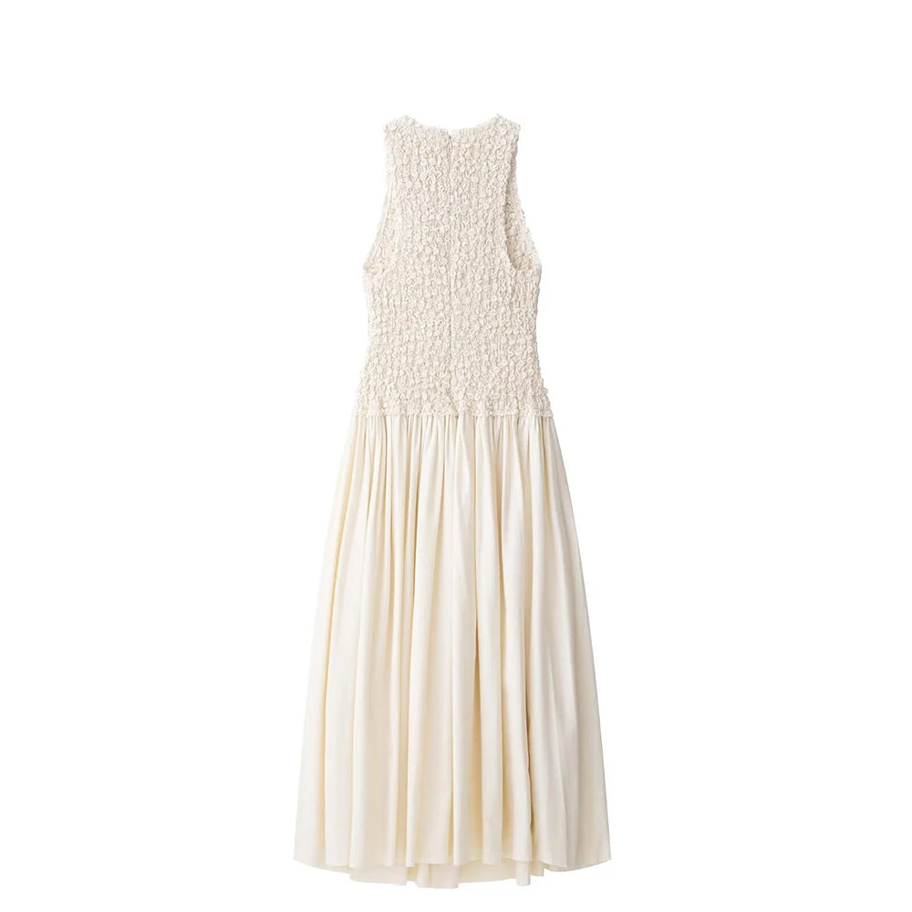 TRAF Vestido de retalhos plissado elástico para mulher Vestido de praia comprido sem mangas O Neck Vest Vestidos de festa para mulher