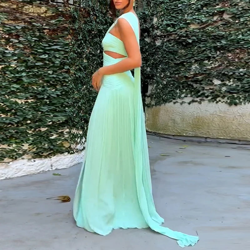 Novo sexy sem alças oco fenda vestido longo mulher verão sólido cintura alta boho maxi vestido senhoras magro plissado sem costas vestido de festa