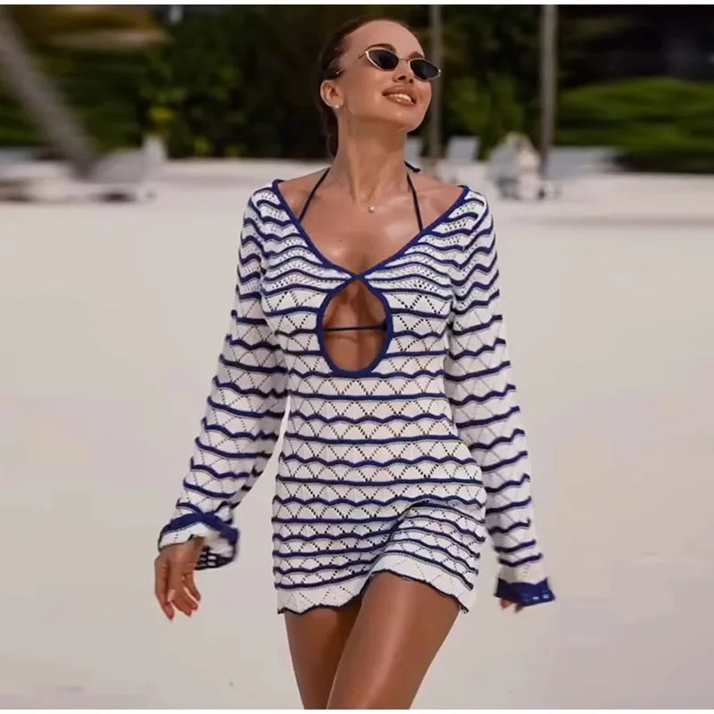 Sexy listrado oco para fora vestido curto feminino vestido de praia malha manga longa alargamento vestidos 2025 primavera verão senhora férias mar cobre