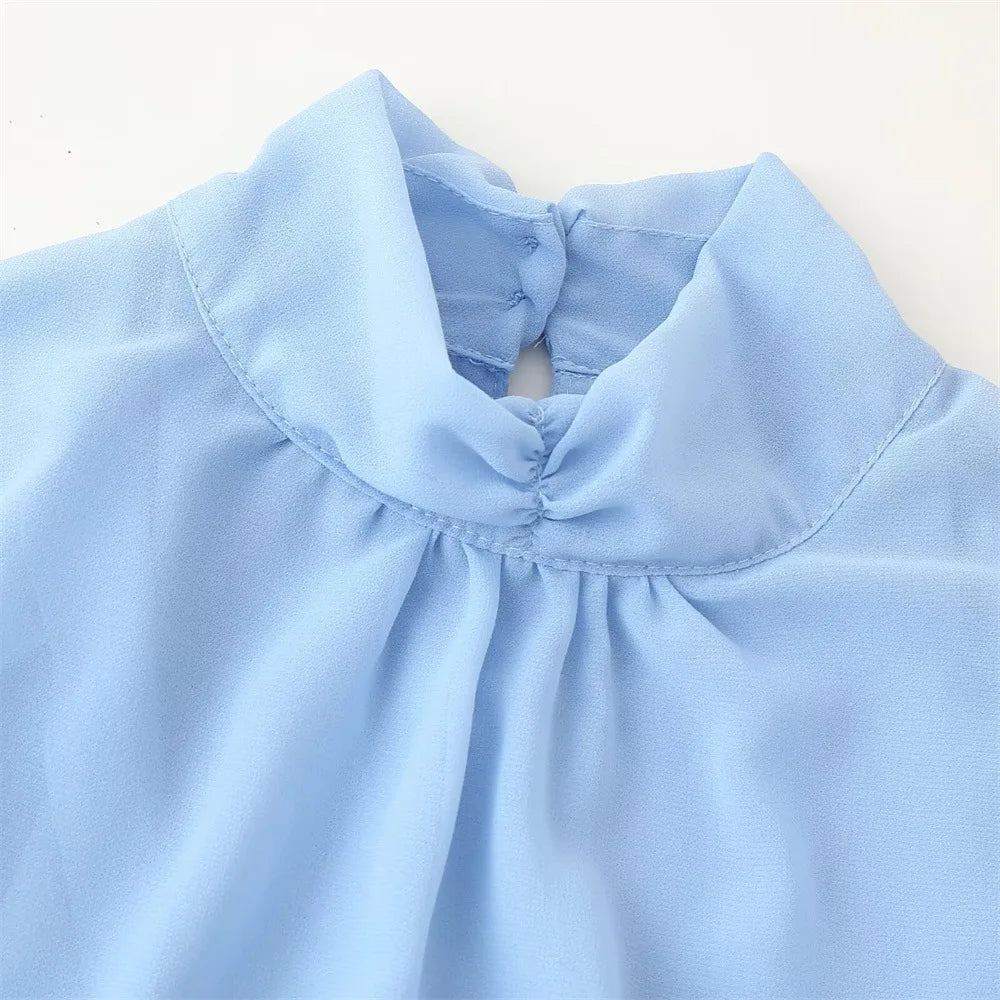 Veithche feminino babados mini vestidos chiffon solto gola alta manga alargamento vestido azul primavera verão 2025 senhora vestidos de férias