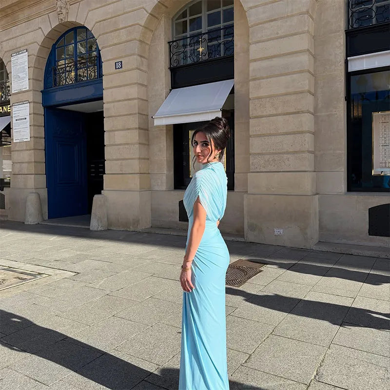 Chic sólido plissado hem retalhos vestidos longos feminino elegante o pescoço mangas completas roupões moda feminina férias high street wear