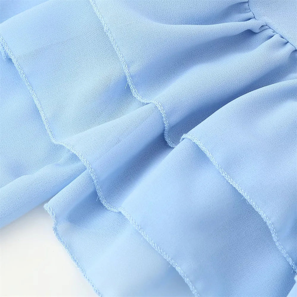 Veithche feminino babados mini vestidos chiffon solto gola alta manga alargamento vestido azul primavera verão 2025 senhora vestidos de férias