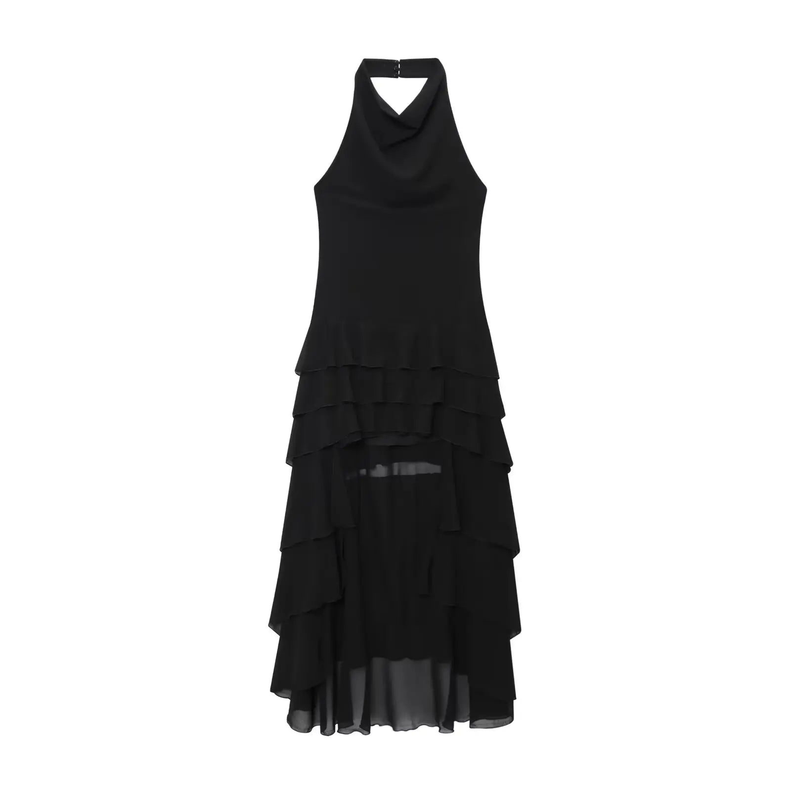 Roupas femininas 2025 verão novo produto estilo doce e picante em camadas decoração halter pescoço colarinho irregular vestido longo