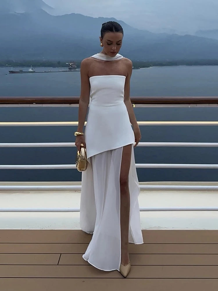 Taruxy vestido longo sem alças com fenda e fita feminino sem mangas malha elegante vestido de férias de praia 2025 primavera novo vestido feminino