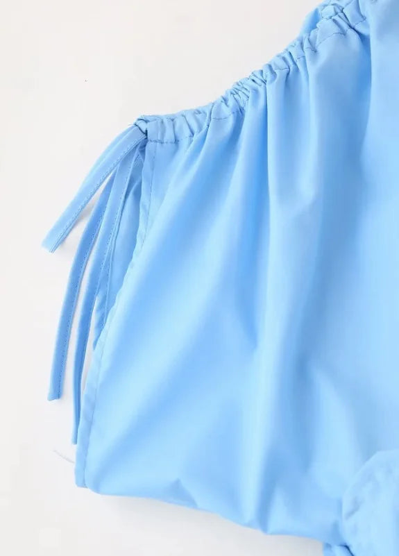 Azul com decote em v cintura cinching cinto 3d flor borboleta nó férias vestido longo feminino moda transfronteiriça manga curta sino sle