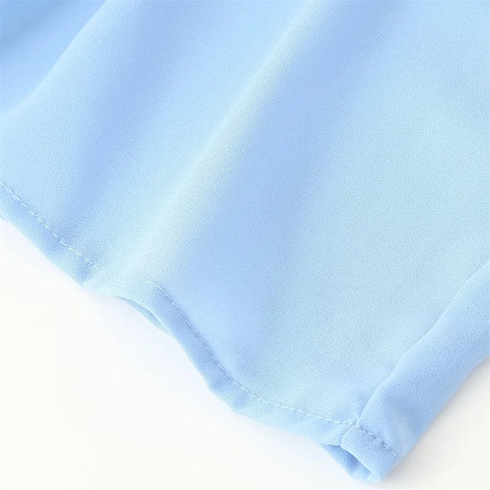 Veithche feminino babados mini vestidos chiffon solto gola alta manga alargamento vestido azul primavera verão 2025 senhora vestidos de férias