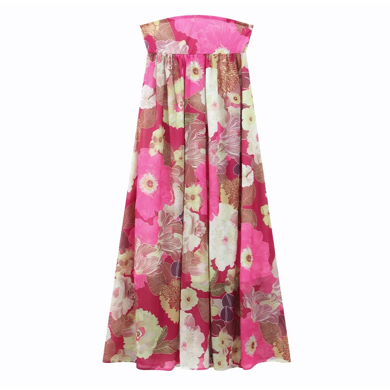Retro impresso sem alças vestido longo moda feminina sem mangas fora do ombro plissado vestidos 2025 verão senhora praia festa robes