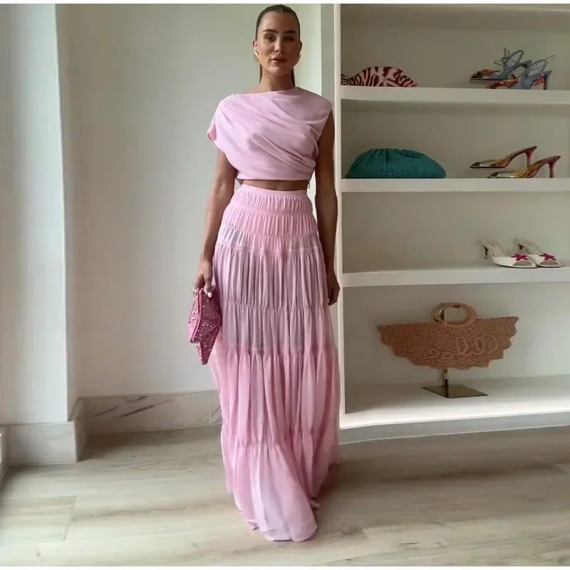 Moda sólida saia plissada define feminino sem mangas colheita topos de cintura alta elástica a linha saias 2025 primavera senhora ternos elegantes