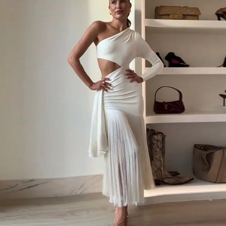 Sexy borlas santificar para fora vestido feminino fino gola inclinada uma mangas compridas vestidos femininos 2025 verão chique vestidos de cintura alta