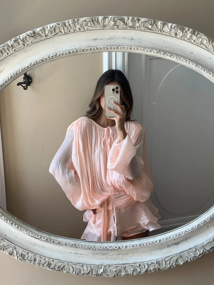 Elegante camada babados sólido cintura alta mini saias define moda feminina rendas até o pescoço blusa plissada ternos 2025 senhora chique outfits