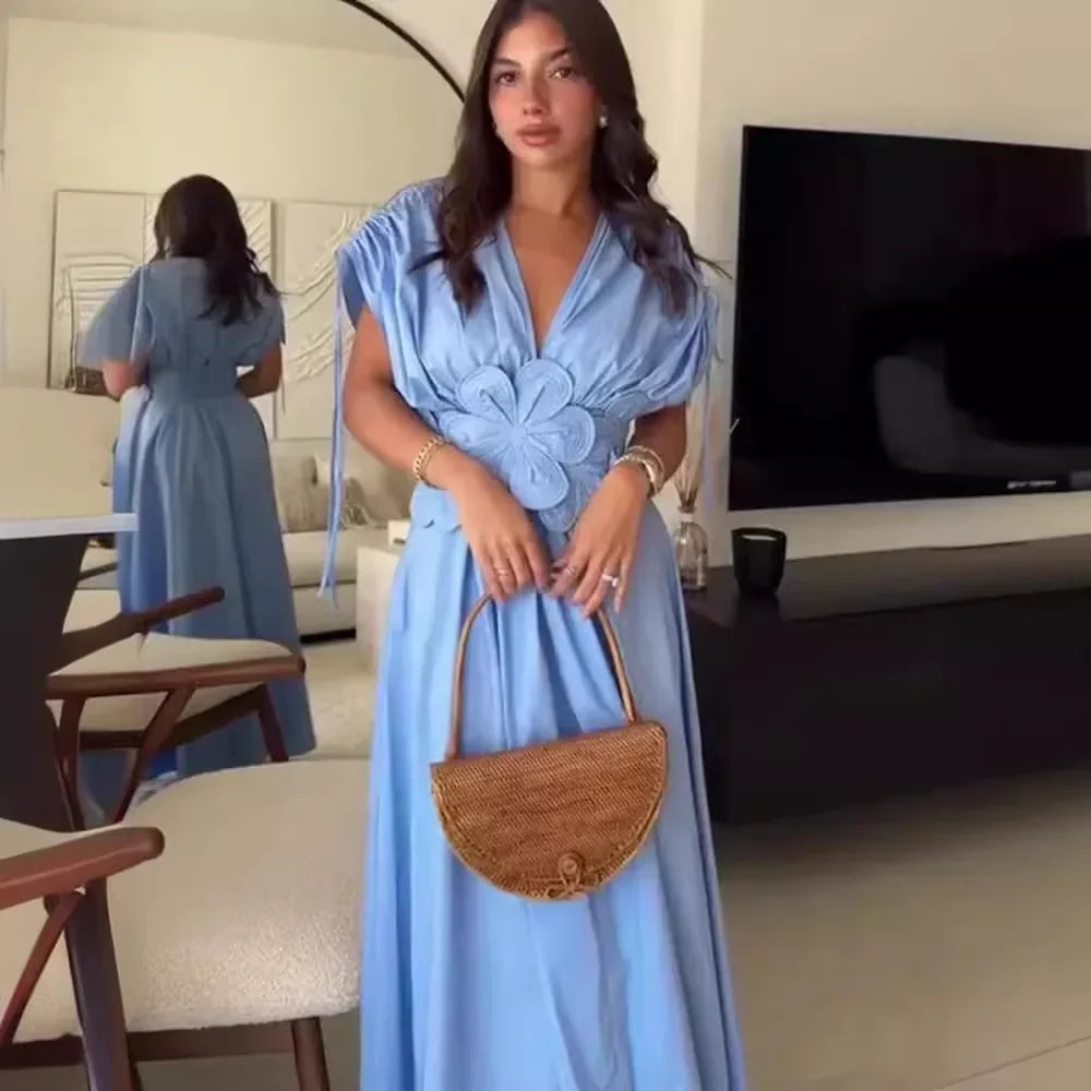 Azul com decote em v cintura cinching cinto 3d flor borboleta nó férias vestido longo feminino moda transfronteiriça manga curta sino sle