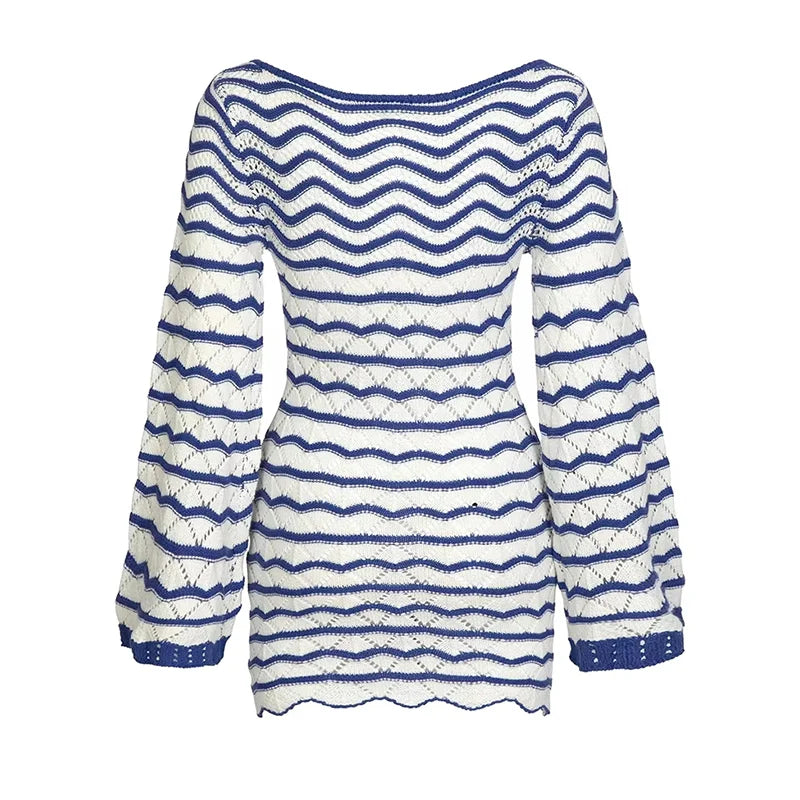 Sexy listrado oco para fora vestido curto feminino vestido de praia malha manga longa alargamento vestidos 2025 primavera verão senhora férias mar cobre