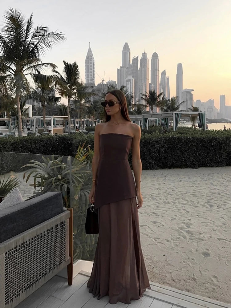 Taruxy vestido longo sem alças com fenda e fita feminino sem mangas malha elegante vestido de férias de praia 2025 primavera novo vestido feminino