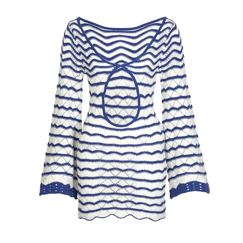 Sexy listrado oco para fora vestido curto feminino vestido de praia malha manga longa alargamento vestidos 2025 primavera verão senhora férias mar cobre