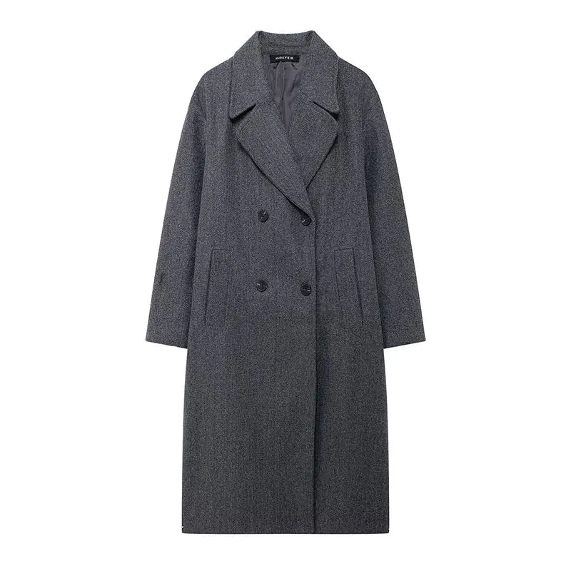 Trafza casaco de inverno para mulher 2024 lapela sólida duplo breasted longo cardigan topo feminino pokcet streetwear mulher novo em outerwear
