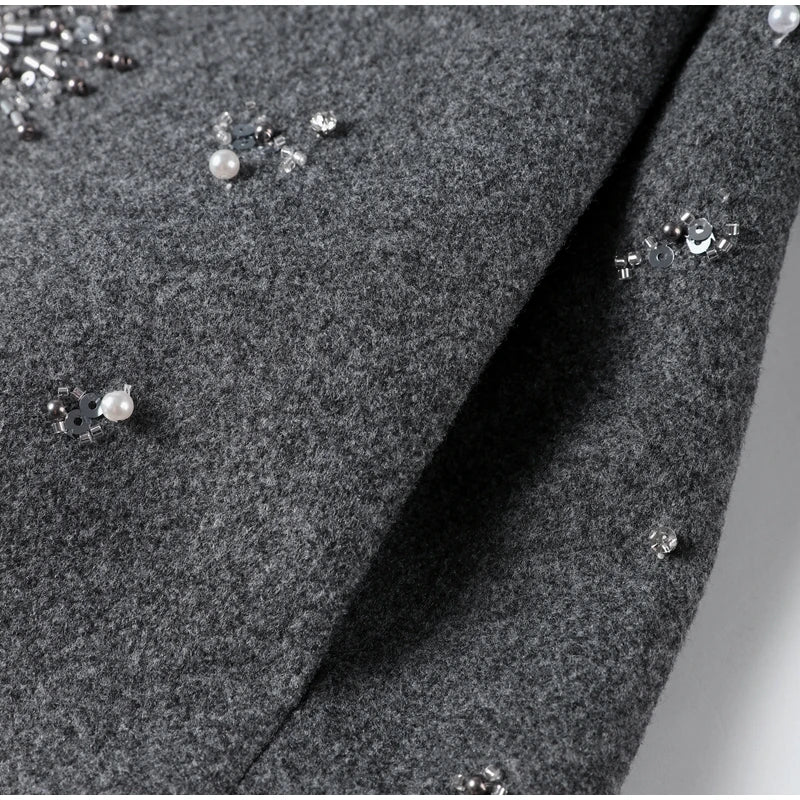 Beading luxuoso chique casaco feminino solto único breasted turn-down colarinho bolso de lã outwear 2024 outono jaquetas de manga longa