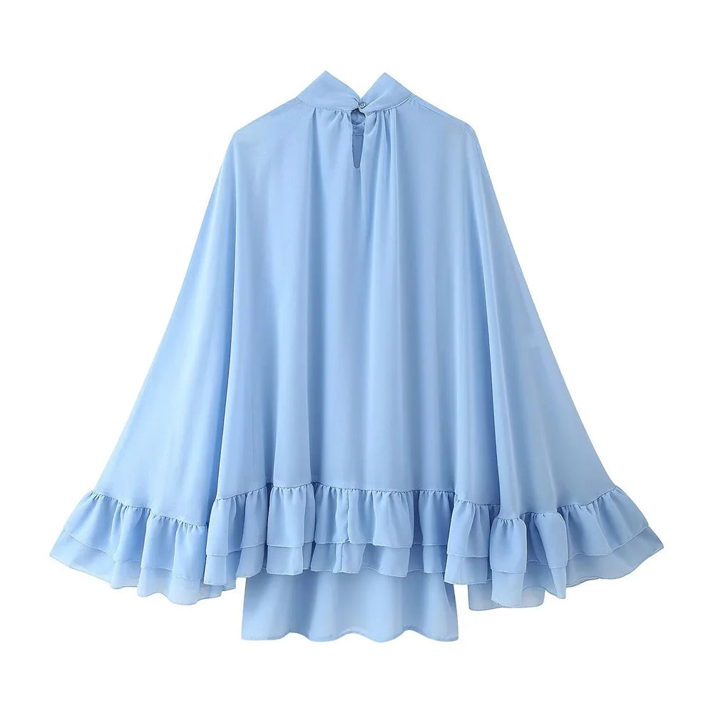 Veithche feminino babados mini vestidos chiffon solto gola alta manga alargamento vestido azul primavera verão 2025 senhora vestidos de férias