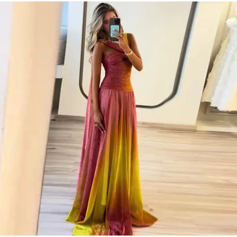 Elegante gradiente fita vestido longo feminino oco plissado sem mangas sem costas vestidos de praia 2025 verão senhora roupões de noite