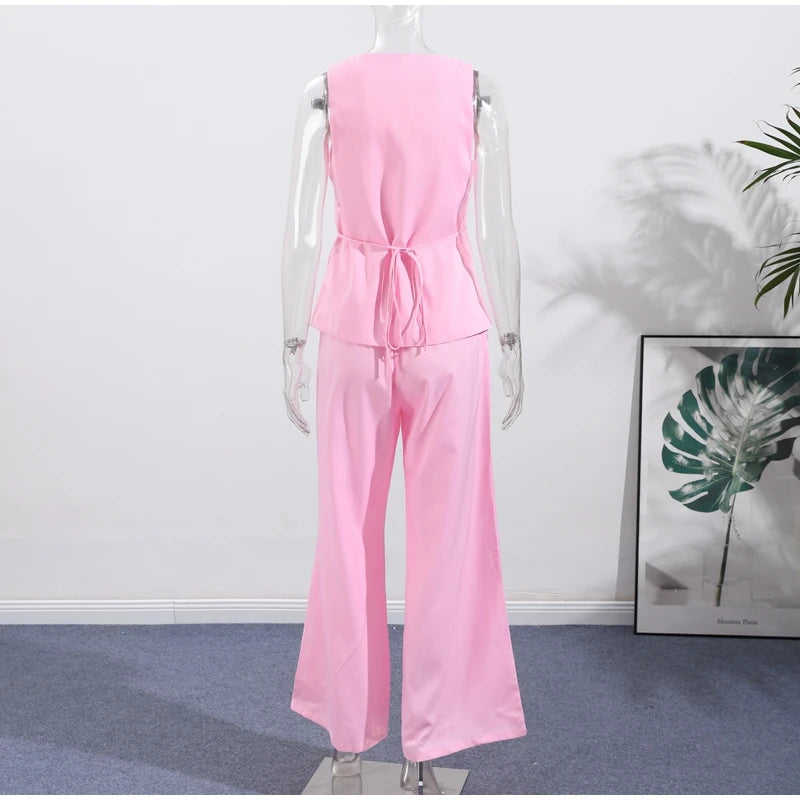 Conjunto de duas peças de linho feminino sem mangas pescoço quadrado colete combinando calças largas verde limão casual escritório verão outfit ternos