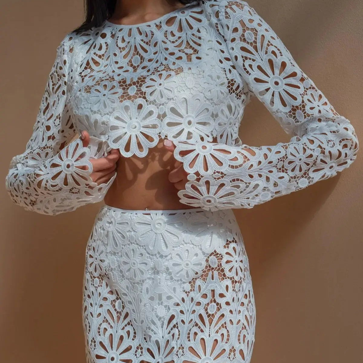 Branco elegante bordado oco para fora vestidos de praia conjunto sexy ver embora colheita topos saias longas conjuntos femininos roupas de verão