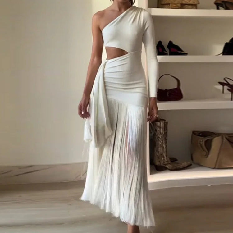 Sexy borlas santificar para fora vestido feminino fino gola inclinada uma mangas compridas vestidos femininos 2025 verão chique vestidos de cintura alta