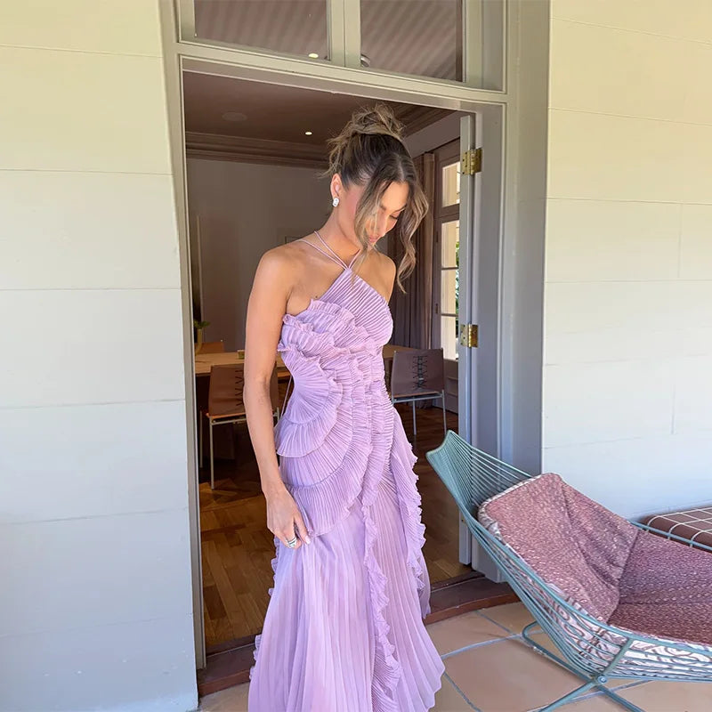 Verão temperamento plissado halter pescoço longo vestido de férias alta qualidade roxo sem alças 2025 novo clube roupas vestidos