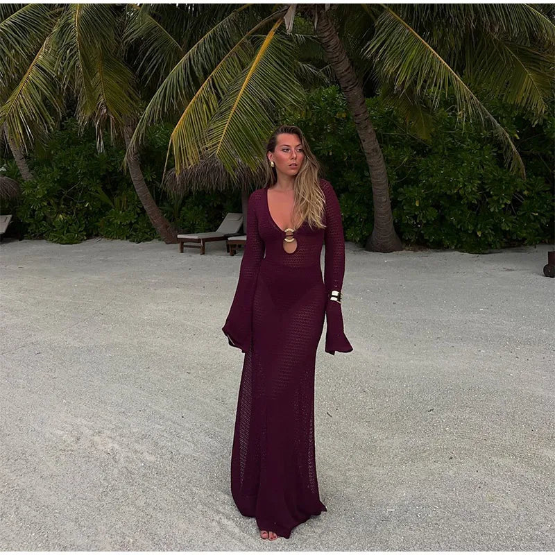 Sexy anel de metal emenda feminino com decote em v divisão crochê vestido chique manga alargada magro oco para fora roupões senhora praia férias vestido