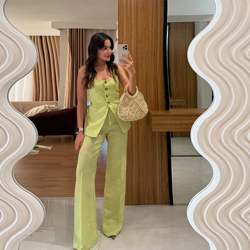 Conjunto de duas peças de linho feminino sem mangas pescoço quadrado colete combinando calças largas verde limão casual escritório verão outfit ternos
